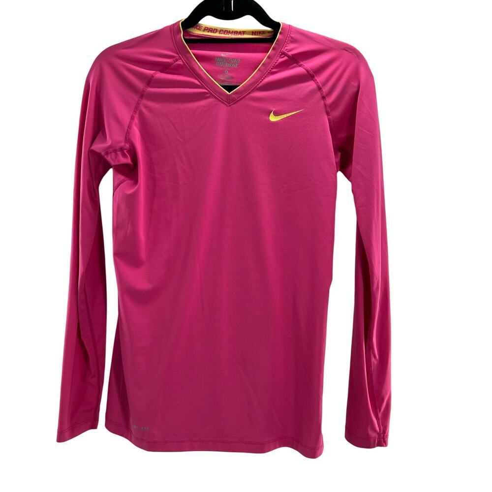 NIKE PRO COMBAT Dri-Fit Women's L/S V Neck Pink/Yellow Fitted Shirt Sz S‎
